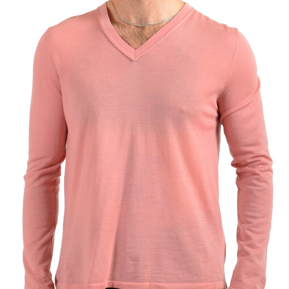 Hugo Boss Men's "Samila" Pink 100% Wool V-Neck Pullover Sweater US 2XL IT 56